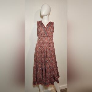 Max Studio Red Printed Midi Dress Boho Casual Flowy Lightweight Women’s Size SM